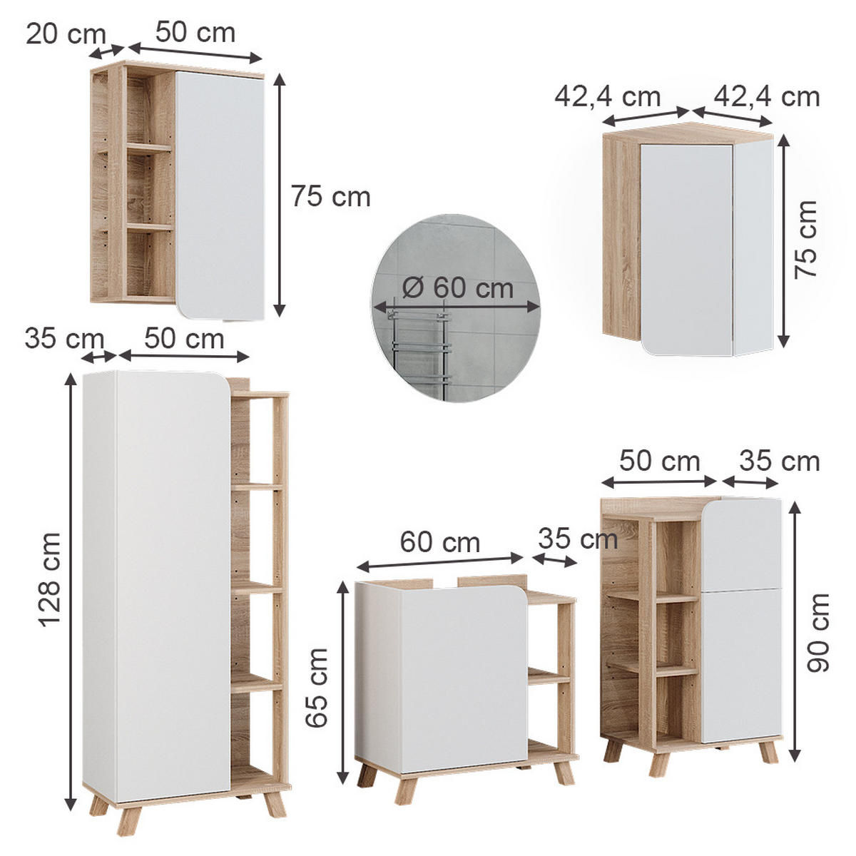 BADMÖBEL-SET Karen Sonoma/Weiß 6 Teile - Weiß/Sonoma Eiche, Holzwerkstoff (60/65/35cm) - Vicco
