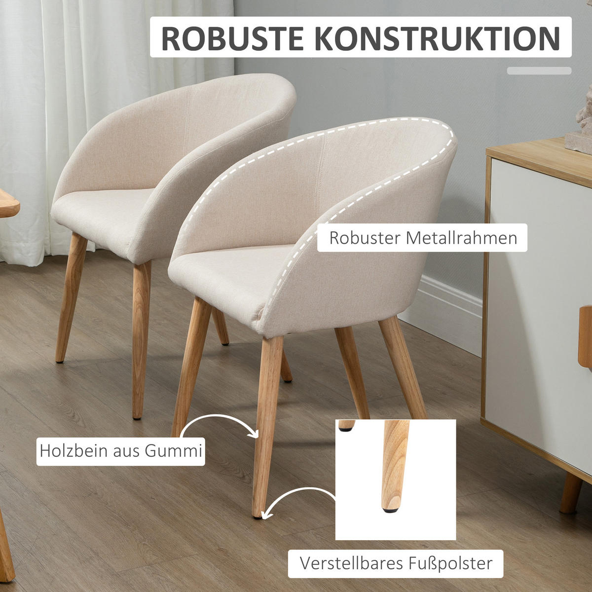 ESSZIMMERSTÜHLE 2er Set Küchenstuhl mit Rückenlehne, Leinen-Optik, Beige - Beige/Naturfarben, Holz/Textil (55/74/56cm) - HOMCOM