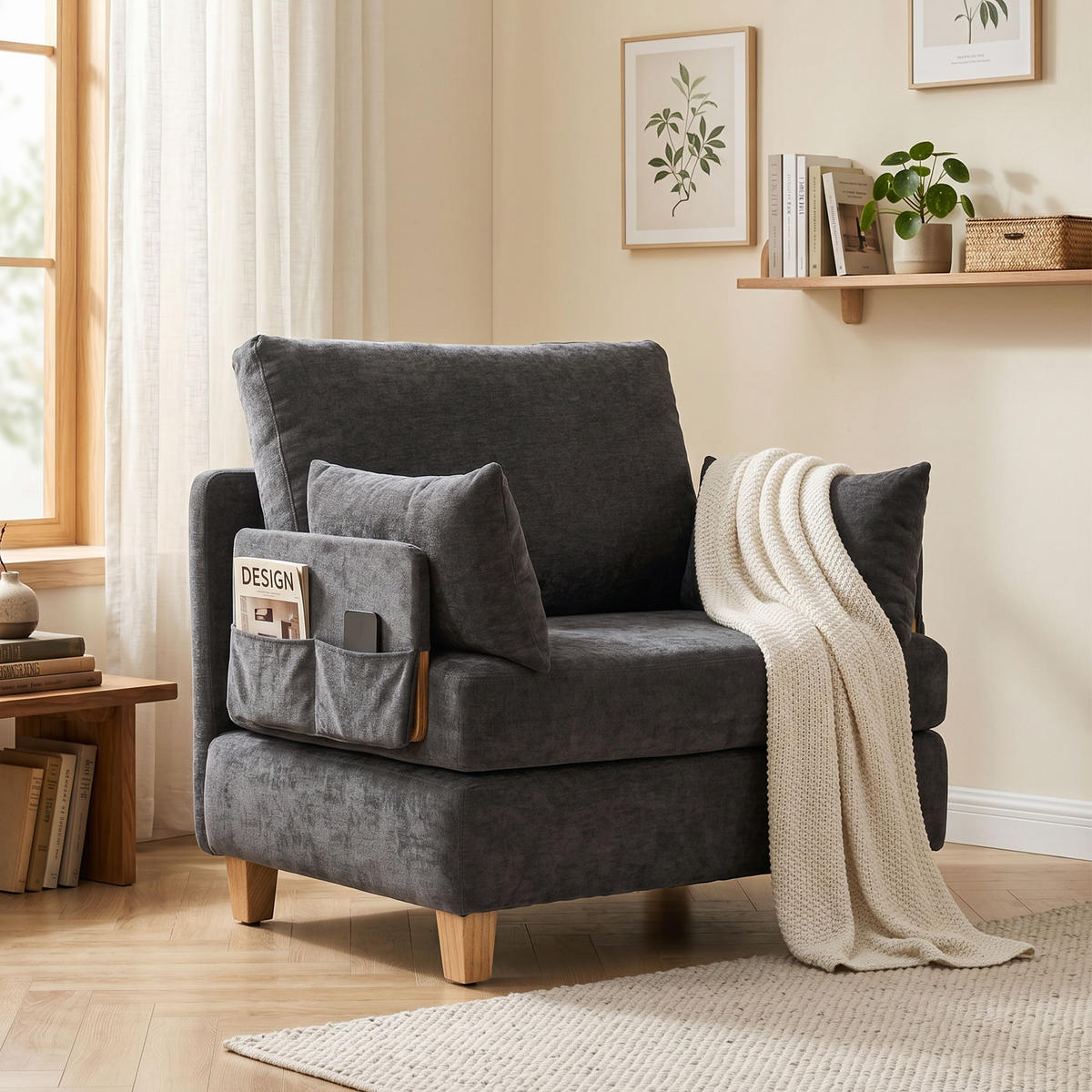 SCHLAFSESSEL Polyester Dunkelgrau - Dunkelgrau/Naturfarben, Holz/Textil (63/89/94cm) - HOMCOM