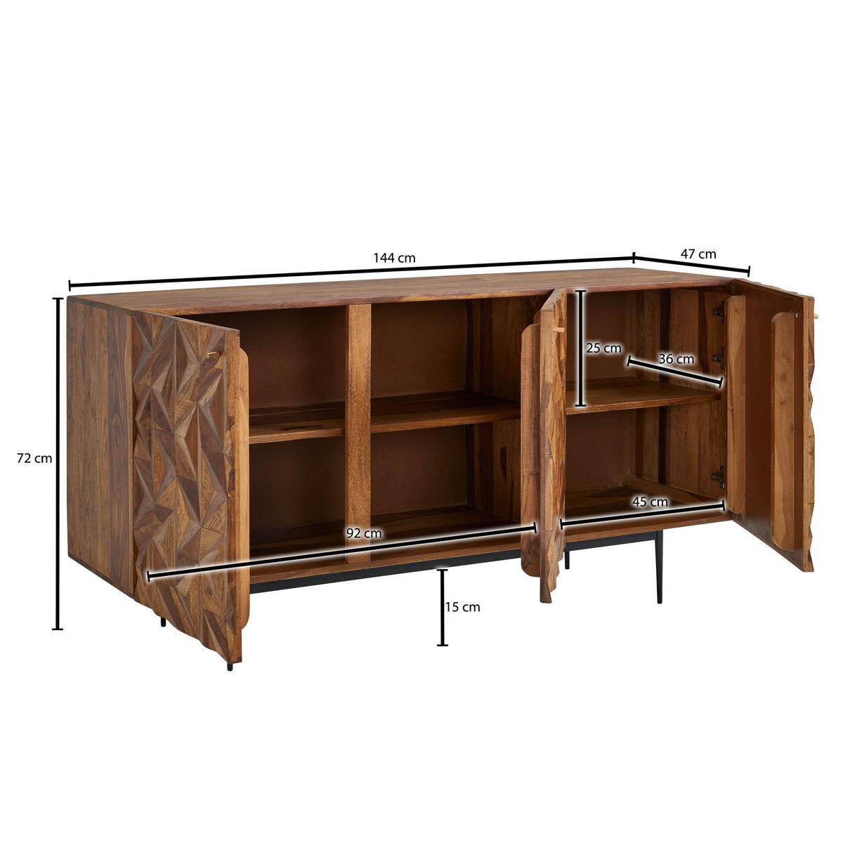 SIDEBOARD – Massivholz/Metall, 144x72x47 cm, 3 Türen, modern - Schwarz/Braun, Holz/Metall (144/72/47cm) - KADIMA DESIGN