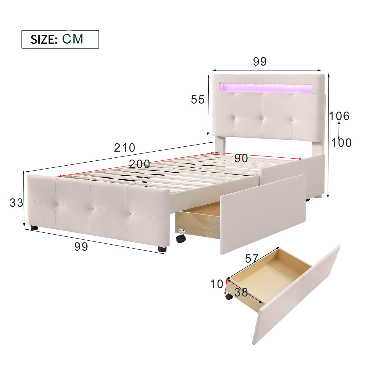 KINDERBETT 90/200 cm DE-01698, in Beige, mit LED-Leuchten und 2 Schubladen - Beige, Metall (90/200cm) - ComfortXL