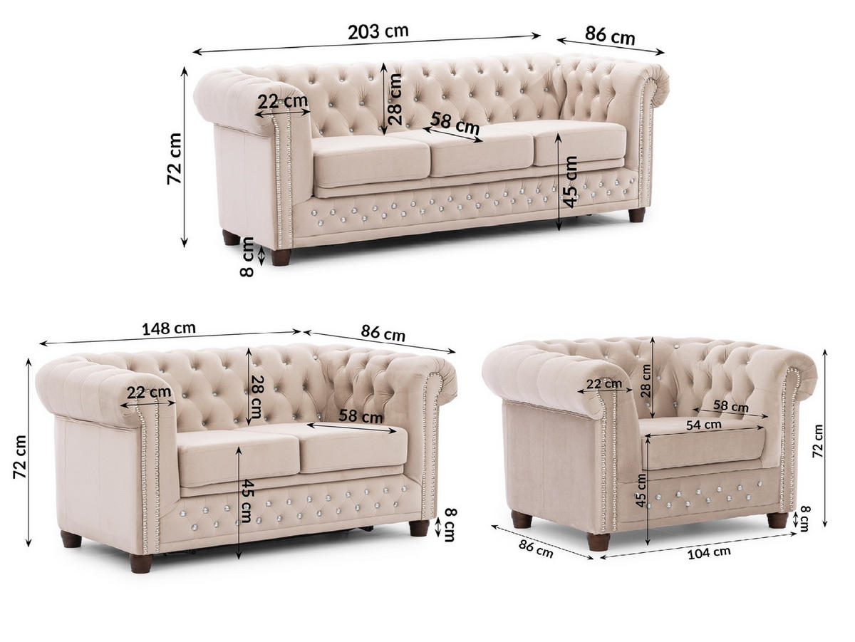 SITZGARNITUR 3+2+1 Chesterfield Cleo Blink Beige Samt mit Kristallsteppung und braunen Massivholzfüßen - Beige/Braun, Holz/Textil (203/72/86cm) - S-Style Möbel