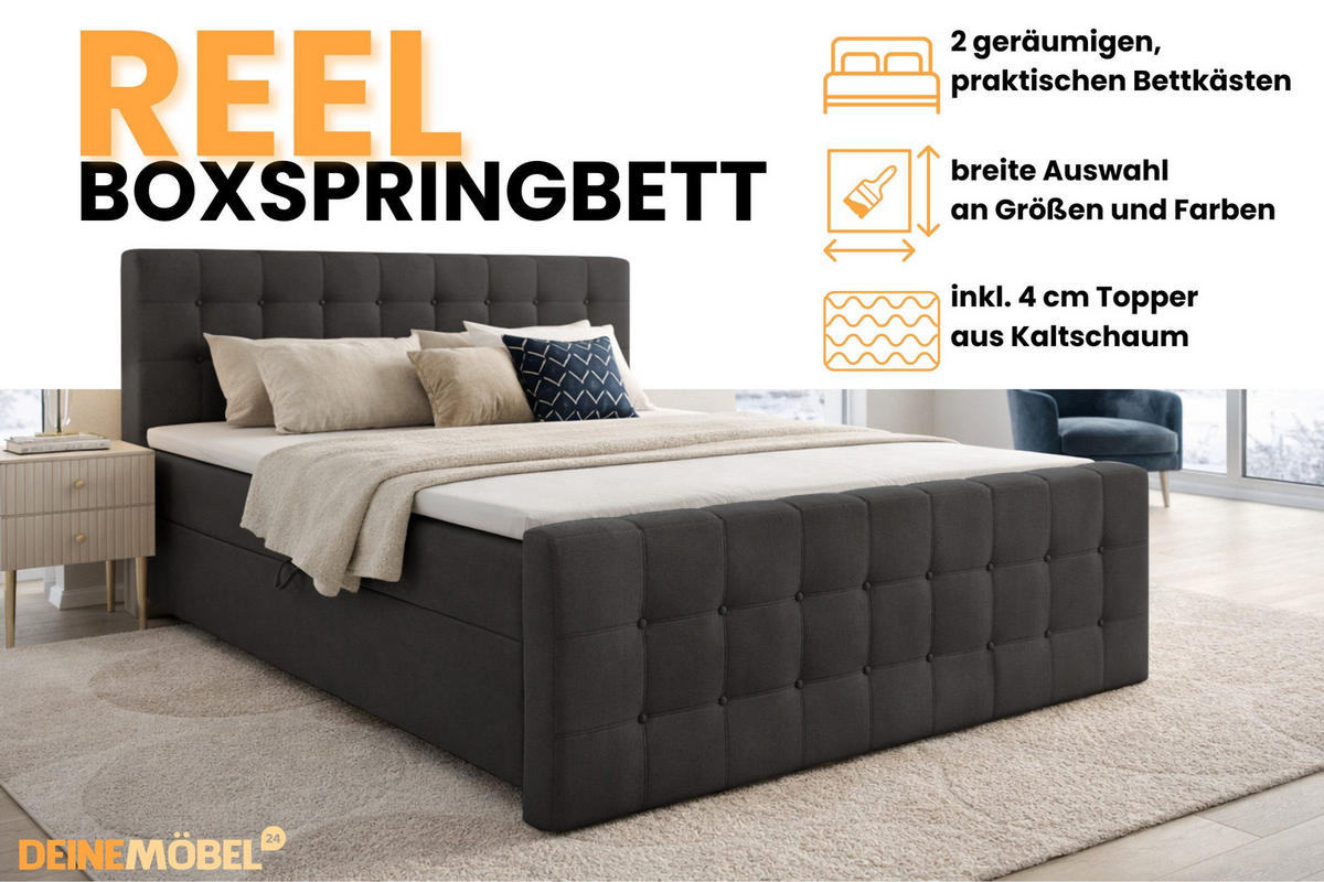 BOXBETT REEL 140/200 in Velours Anthrazit H4 - Anthrazit, Holz/Holzwerkstoff (140/200cm) - Deine Möbel 24