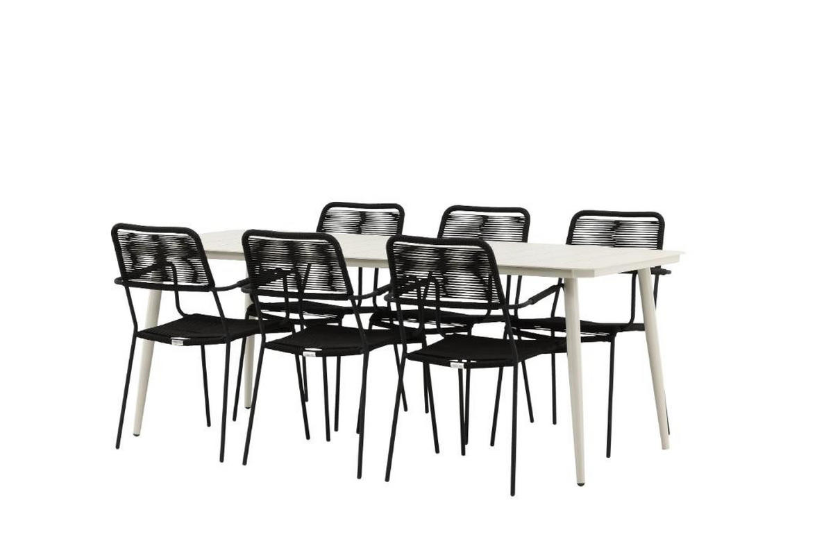 GARTENSET, Lina, Tisch Schwarz, Metall, 90 x 200 x 75 cm, 7-teilig - Schwarz, Metall - ebuy24