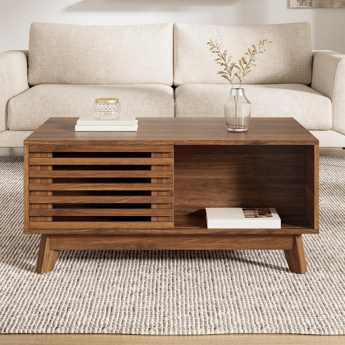 COUCHTISCH aus MDF 90x55x57,5 cm in Nussbaum mit höhenverstellbarer Platte - Nussbaumfarben, Holzwerkstoff (90/55/57.5cm) - Modfu
