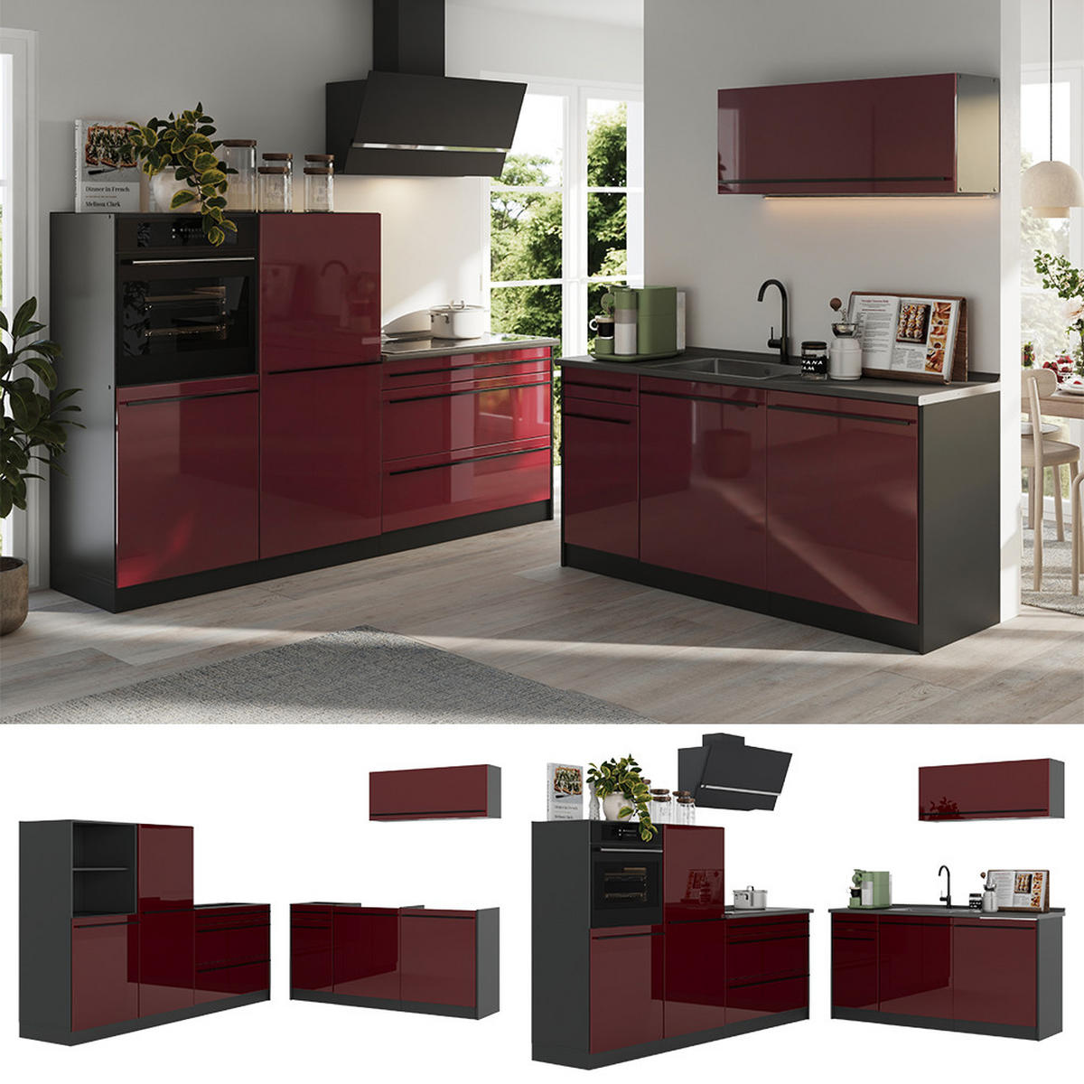 KÜCHENZEILE R-Line, Rot Hochglanz/Anthrazit, 220 cm ohne Arbeitsplatte - Anthrazit/Rot, Holzwerkstoff (220/143/46cm) - Vicco
