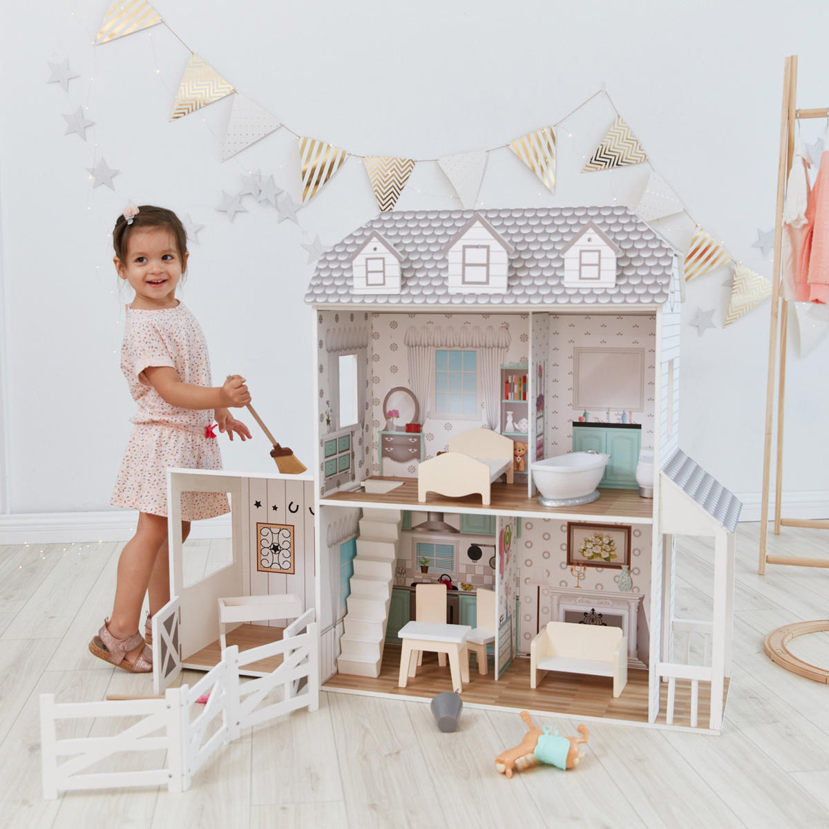 PUPPENHAUS, Grau, 90cm - Weiß, Holzwerkstoff (34/90/104cm) - Teamson Kids