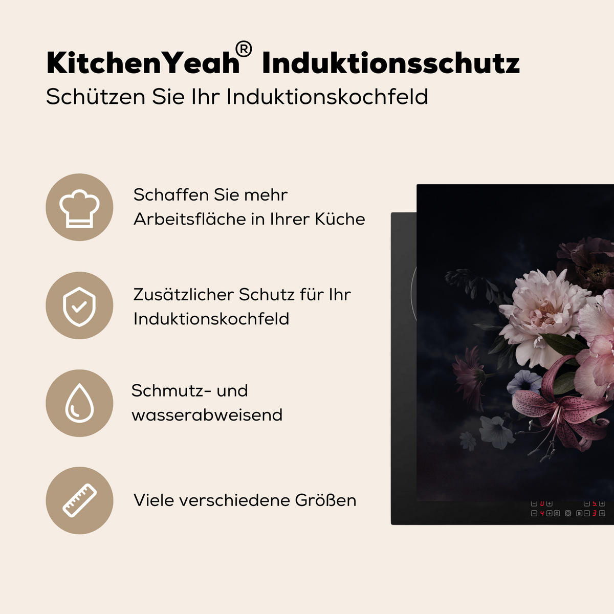HERDABDECKPLATTE Blumen - Vintage - Pastell - Rosa - Weiß 78x52 cm - Altrosa, Kunststoff (78/0.2/52cm) - MuchoWow