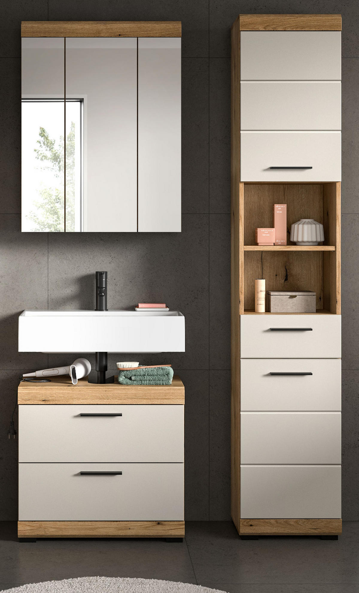 BADMÖBEL Set 3-teilig in Sand Kaschmir und Evoke Eiche Badkombination 112 x 191 cm Shawn - Kaschmir/Eichefarben, Glas/Holzwerkstoff (112/191/34cm) - Inn.Furn