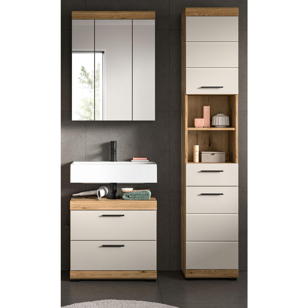 Thumbnail - Inn.Furn Badmöbel-Set, Kaschmir, Eiche, Kunststoff, Nachbildung,Eiche, Uni, 9 Fächer, 3 Schubladen, 112x191x34 cm, FSC M...