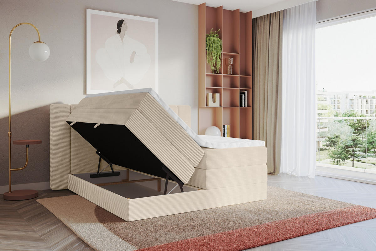BOXSPRINGBETT mit Matratze H3/H4 - EVON KING - 140x200 cm Beige - Ecru, Holzwerkstoff (140/200cm) - ALTDECOR