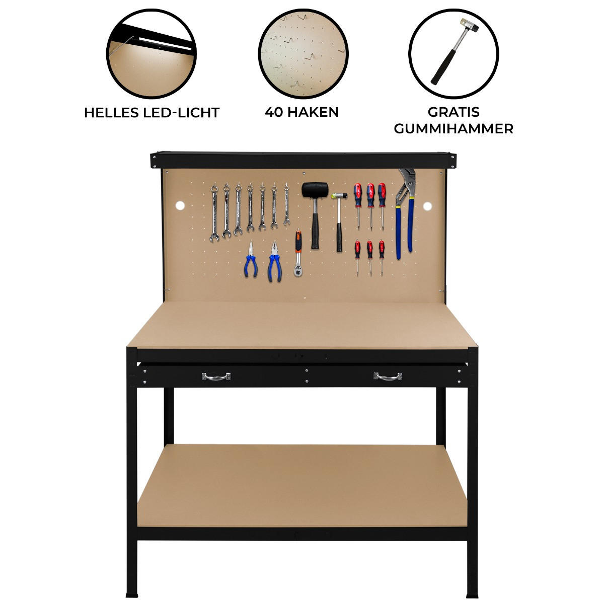 WERKBANK mit Lochwand, Schublade & Licht - Schwarz - Schwarz, Metall (120/155/60cm) - Monstershop