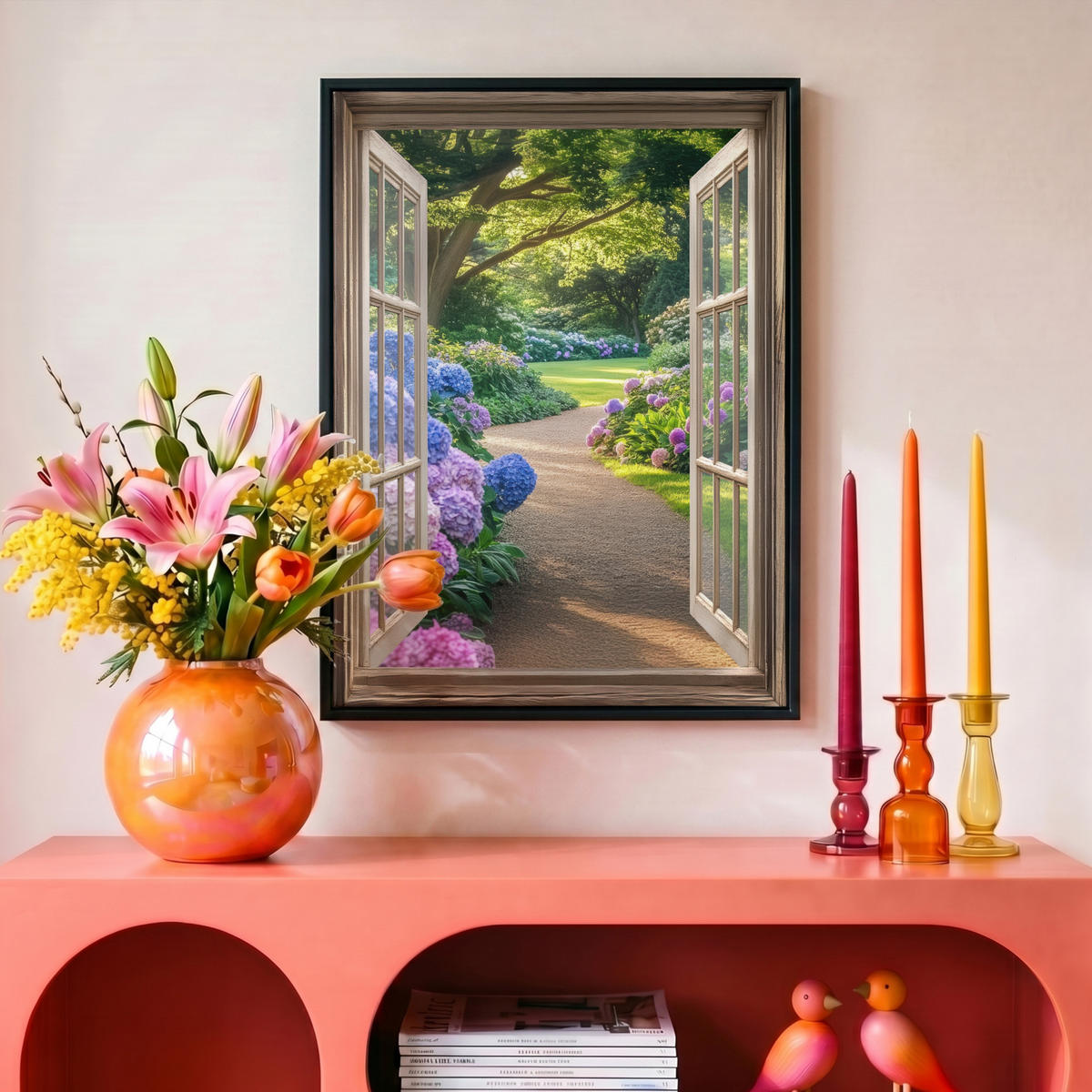 LEINWAND Bilder mit Rahmen - Aussicht - Garten - Fenster - Hortensie - Blumen - 30x40 - Pastellblau, Textil (30/40cm) - MuchoWow