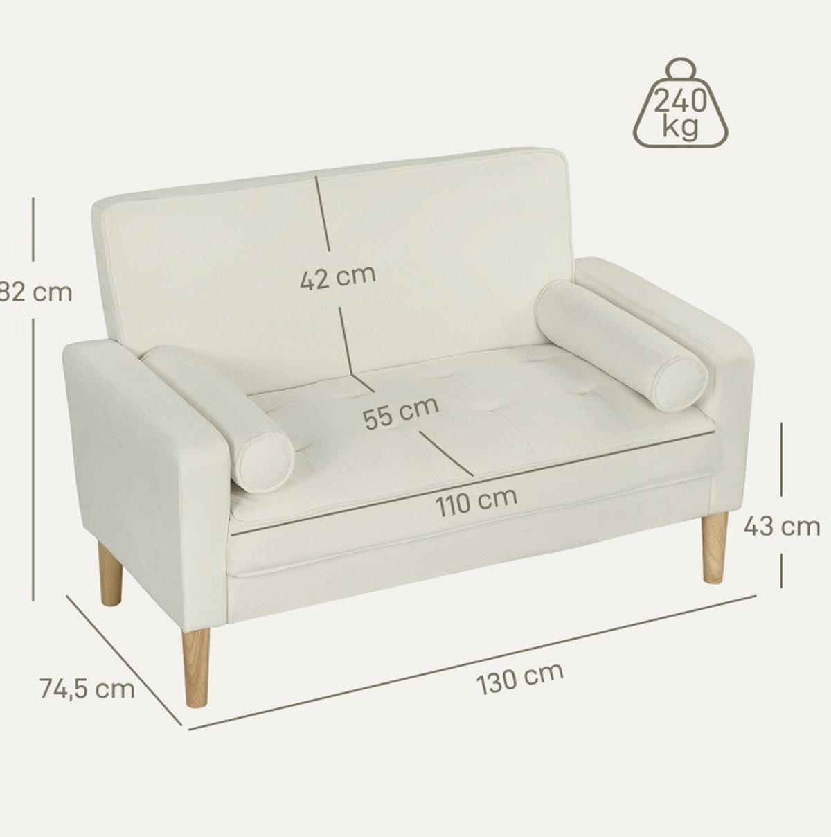 SOFA 2-Sitzer 130 cm Polyester Cream White - Weiß, Holz (74.5/82/130cm) - Meubliv