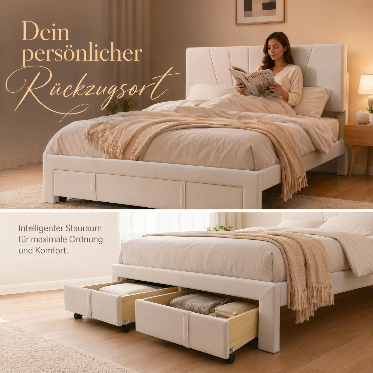 DOPPELBETT 140x200 Samt Beige Mit Rollschublade Stabil Lattenrost - Beige, Holz - SHOPENTRA