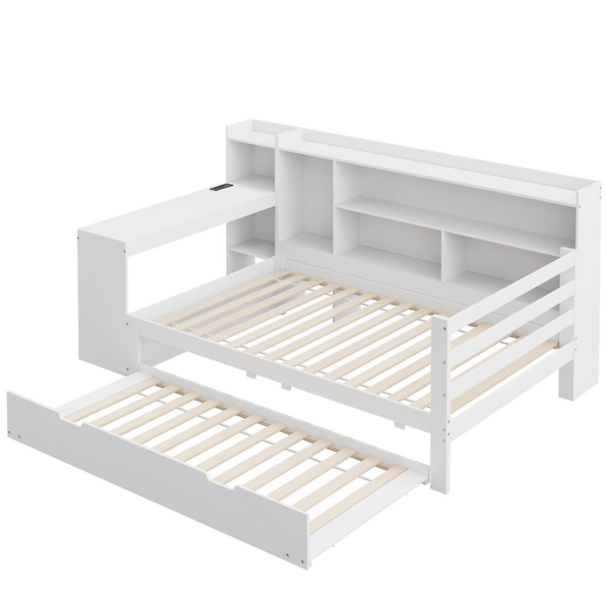 BETT aus 90x200 cm Weiß mit Ausziehbett, Schreibtisch, Regalen und Steckdose - Weiß, Holzwerkstoff (140/190cm) - Modfu