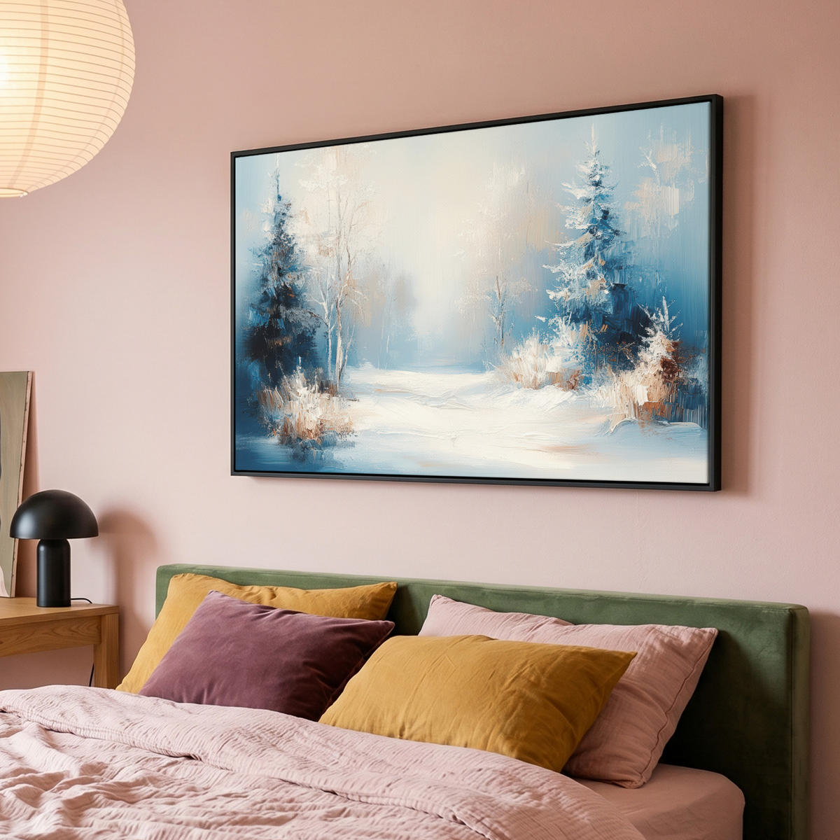 LEINWAND Bilder mit Rahmen - Wald – Winter – Natur – Abstrakt – Schnee - 120x80 - Weiß, Textil (120/80cm) - MuchoWow