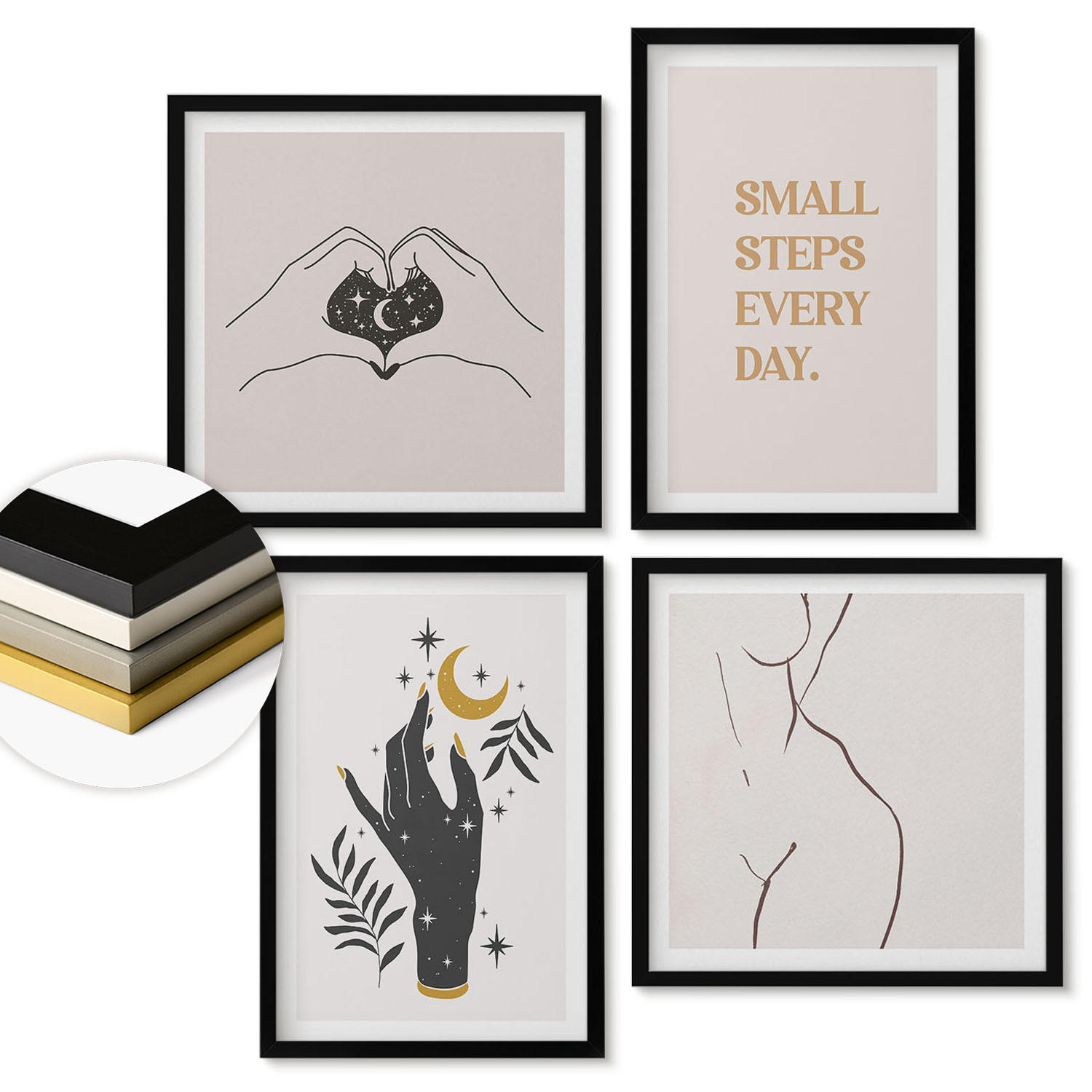 WANDBILDER 4er-Set - 50x50 cm & 40x60 cm Schwarzer Rahmen - Minimalistische Boho-Illustrationen - Schwarz, Kunststoff (50/50cm) - ArtPrintCave