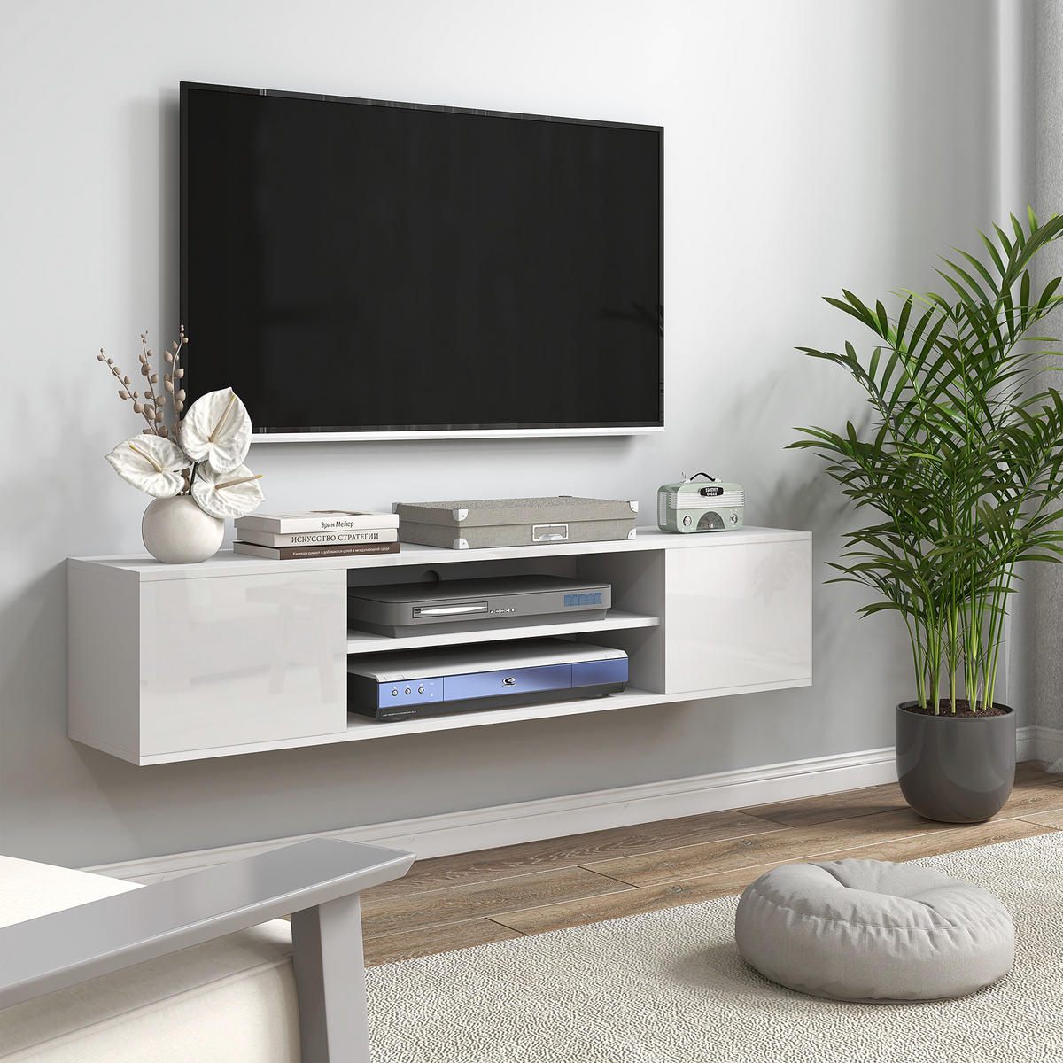 TV-LOWBOARD Weiß 140/30/30 cm, Hängend, 2 Türen, 2 Fächer - Weiß, Holzwerkstoff (140/30/30cm) - PANGIVO
