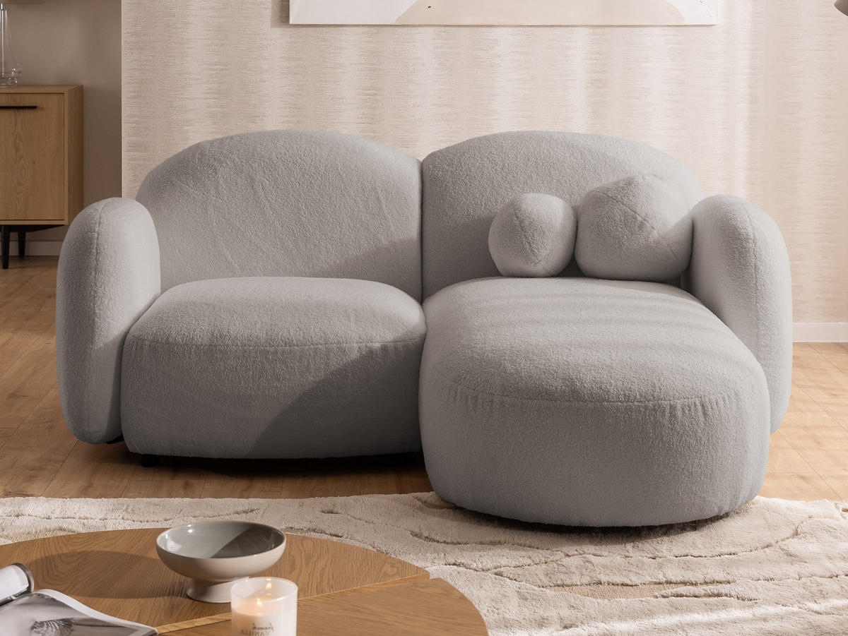ECKSOFA Nuvola mit abgerundetem Design Hellgrau Bouclé-Stoff - Ottomane Rechts - Hellgrau/Schwarz, Holz/Kunststoff (190/146cm) - S-Style Möbel