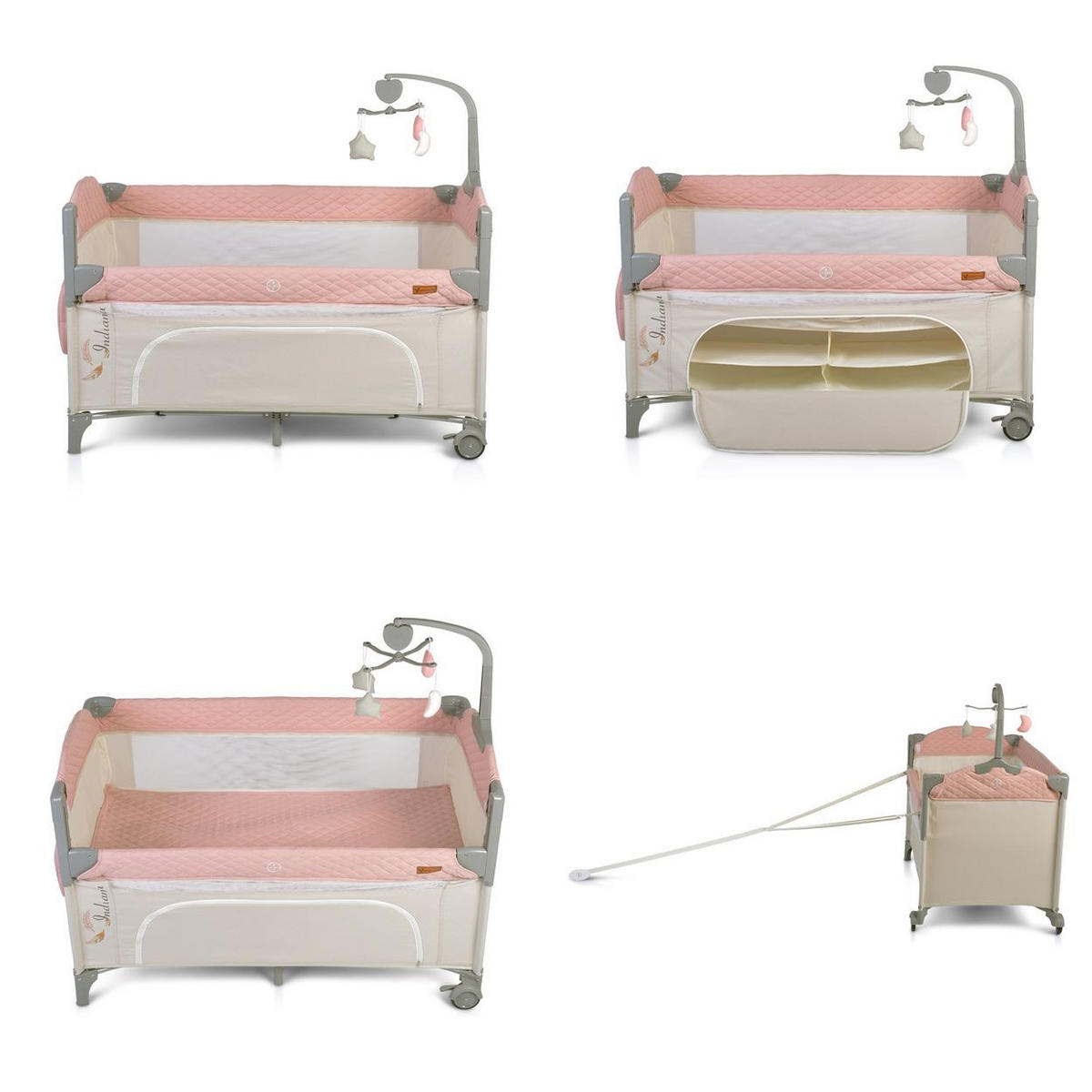 REISEBETT LAUFSTALL Indiana rosa zwei Ebenen Matratze Wickeltasche Räder - Rosa, Kunststoff (60/120cm) - Cangaroo