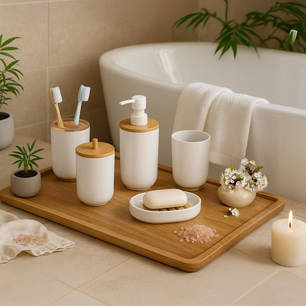 BADEZIMMER-SET 7-tlg. - Weiß, Holz/Kunststoff (18/27/18cm) - Relaxdays