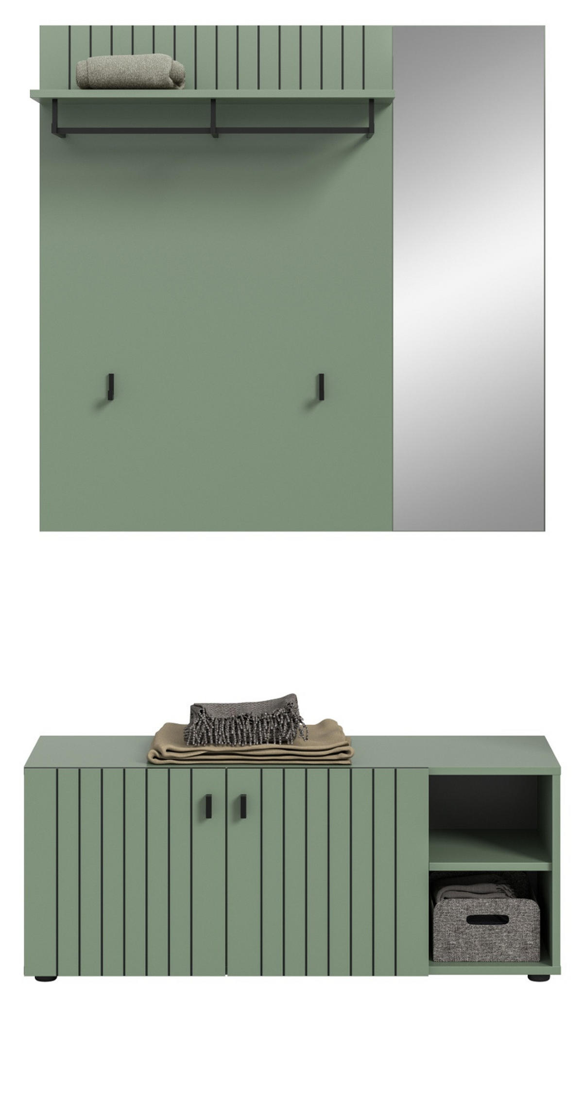 GARDEROBE-SET grün 2-teilig 106 cm, Garderobenkombination mit Rillen-Optik - Schwarz/Grün, Glas/Holzwerkstoff (106/192/37cm) - Inn.Furn