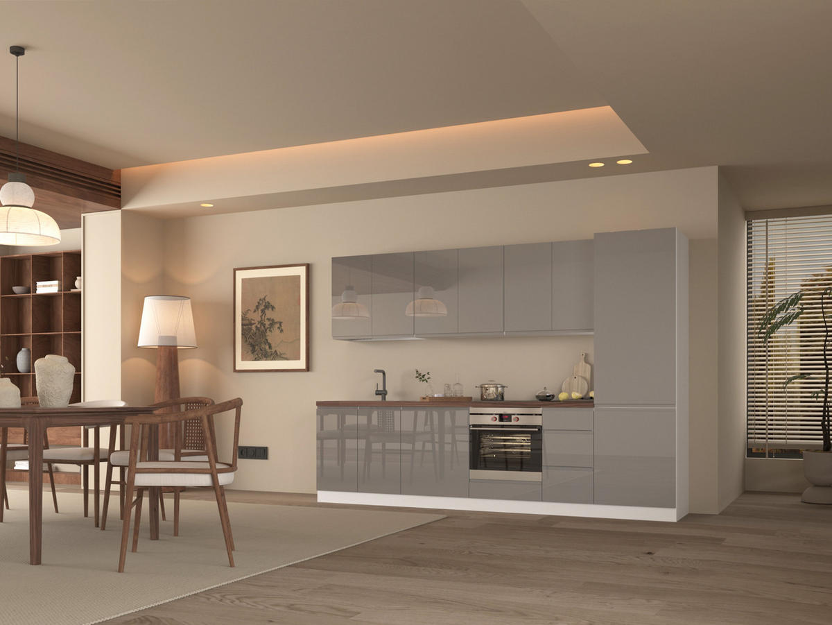 KÜCHENZEILE 300 cm - Aspen KA5-M300 - in Grau/Hochglanz - Grau, Holz (300/212/58cm)