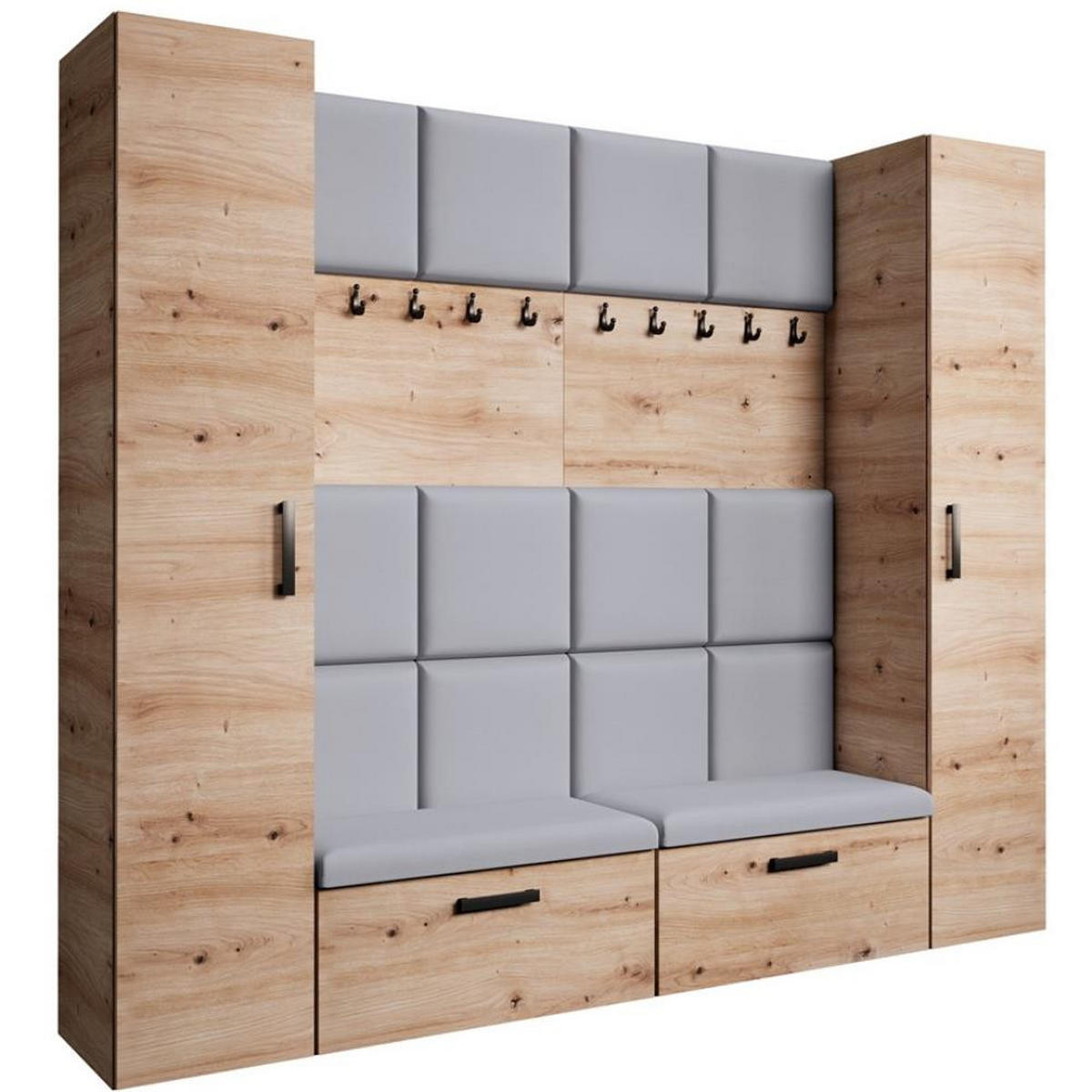 GARDEROBE Margaret XL 242/203/43 mit gepolsterten Paneelen und Schuhschrank - Schwarz/Eiche Artisan, Holzwerkstoff/Kunststoff (242/203/43cm) - Beautysofa