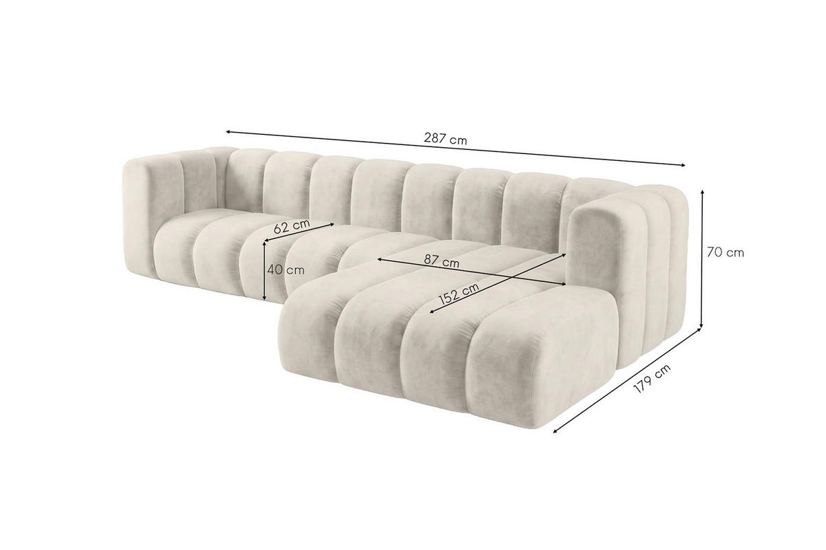 ECKSOFA Modulares In L-Form, Velvet-Stoff Riviera, Ecru, Rechts, GRAND 287 cm - Creme, Holz (287/179cm) - Kaiser Möbel
