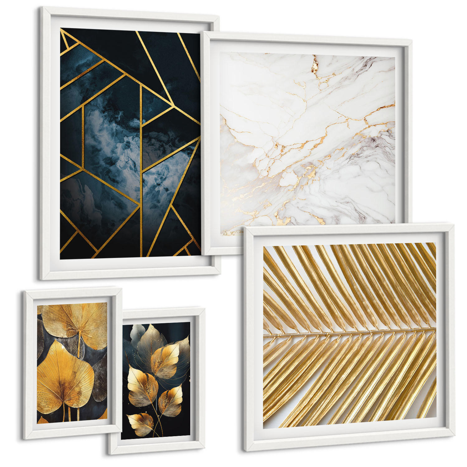 BILDER SET 5er Set - 50x50 cm & 20x30 cm & 40x60 cm Weißer Rahmen - Moderne Pflanzenmuster - Weiß, Kunststoff (40/60cm) - TULUP