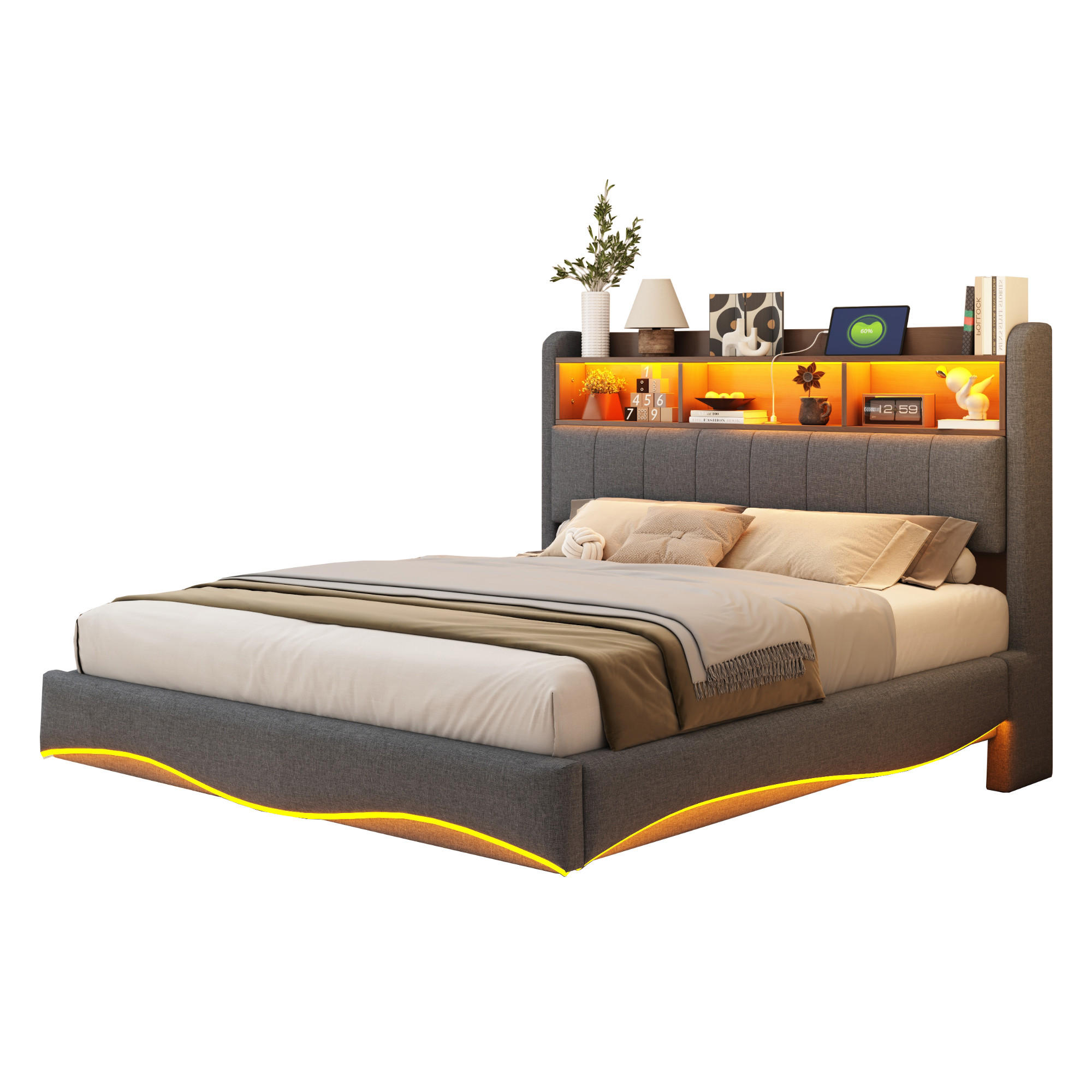 WISHDOR ČALOUNĚNÁ POSTEL 140x200 cm šedá s LED osvětlením, USB a Type-C portem, úložným prostorem, lněný vzhled