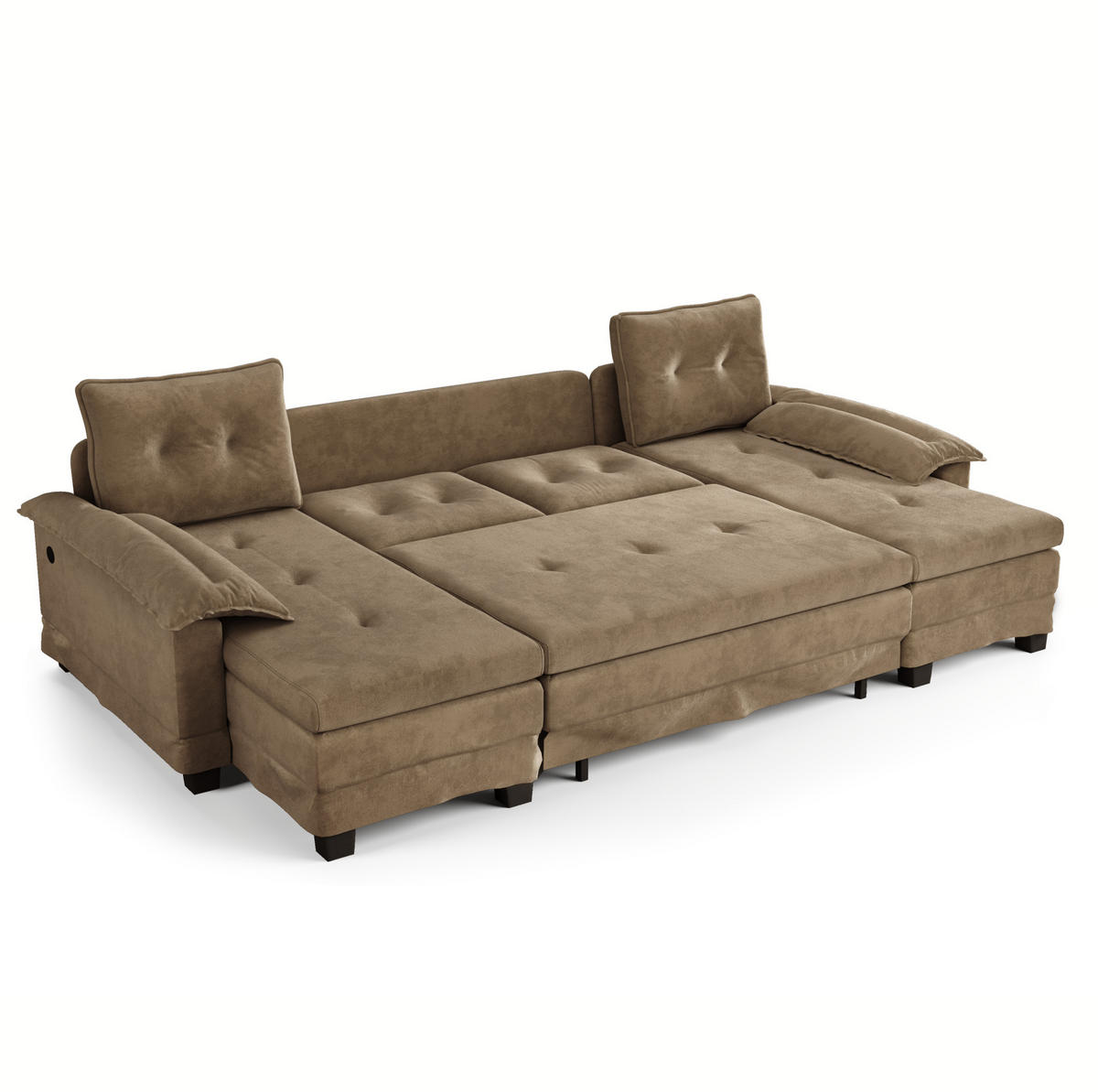 SOFABETT U-Form mit USB 278 x 127 cm Chenille Khaki - Dunkelgrün, Textil (127/87/278cm) - Meubliv