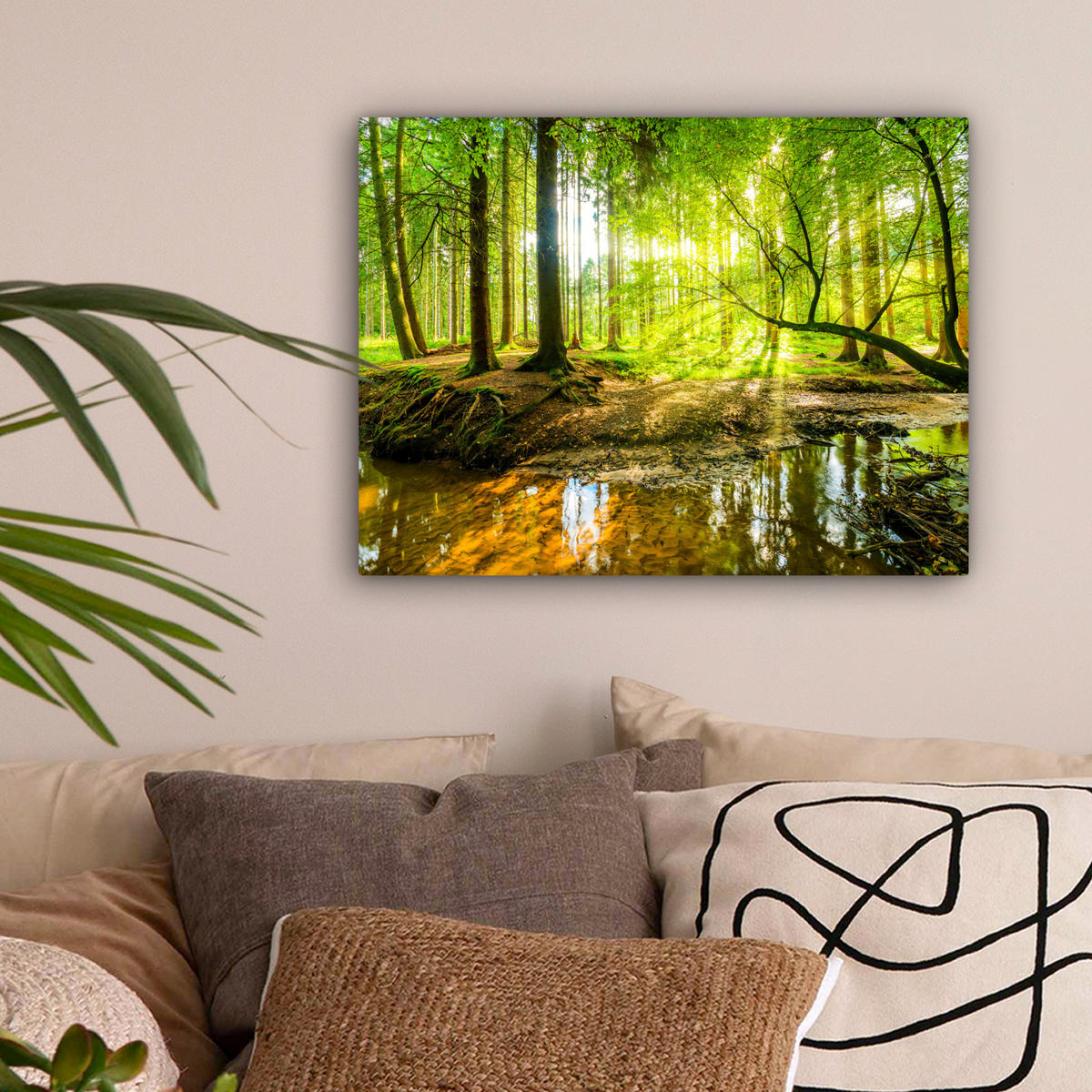 LEINWANDBILD Wald - Landschaft - Wasser - Bäume - Sonne - Grün - Natur Wandbild 40x30 cm - Grün, Textil (40/30cm) - MuchoWow