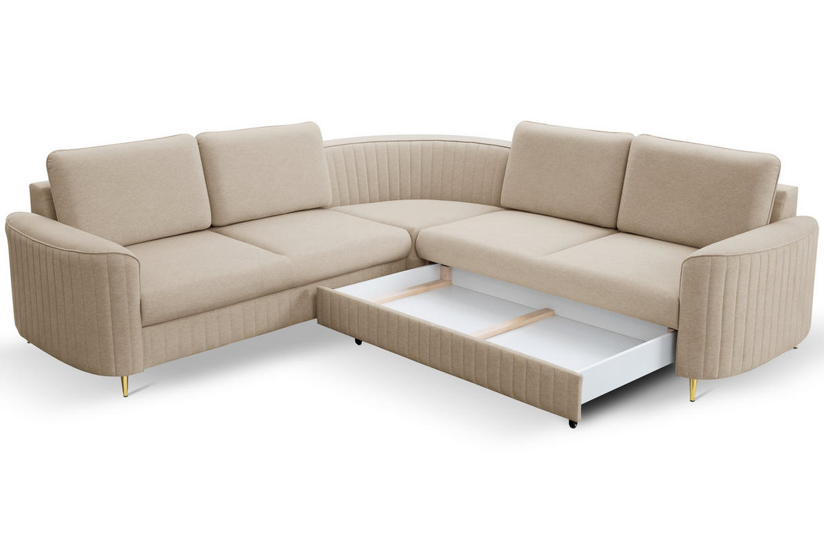 ECKSOFA VELA L-S Beige Velours-Stoff mit Schlaffunktion - Beige, Holz (251/251cm) - MASSENO