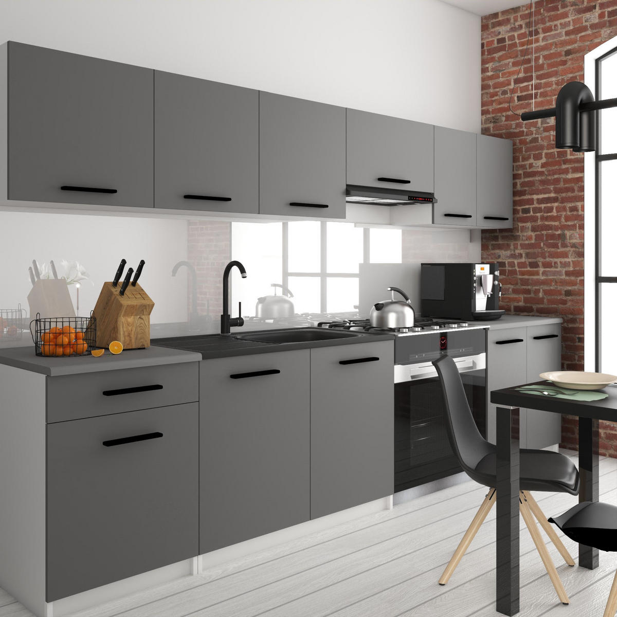 KÜCHENZEILE Italia 2 240 cm, mit Arbeitsplatten, Grau - Grau, Holz (240/143/60cm) - B BELINI GROUP