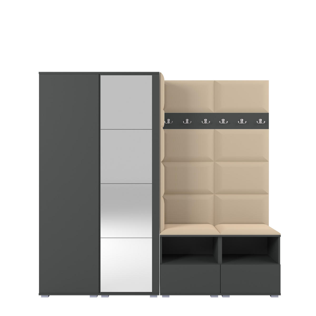 GARDEROBE NELA VI 200 cm (Modulare Flurmöbel Graphit mit Spiegel & Sitzpolster Beige 04 Universell) - Beige/Silberfarben, Holz/Holzwerkstoff (200/187/40cm) - Ravio