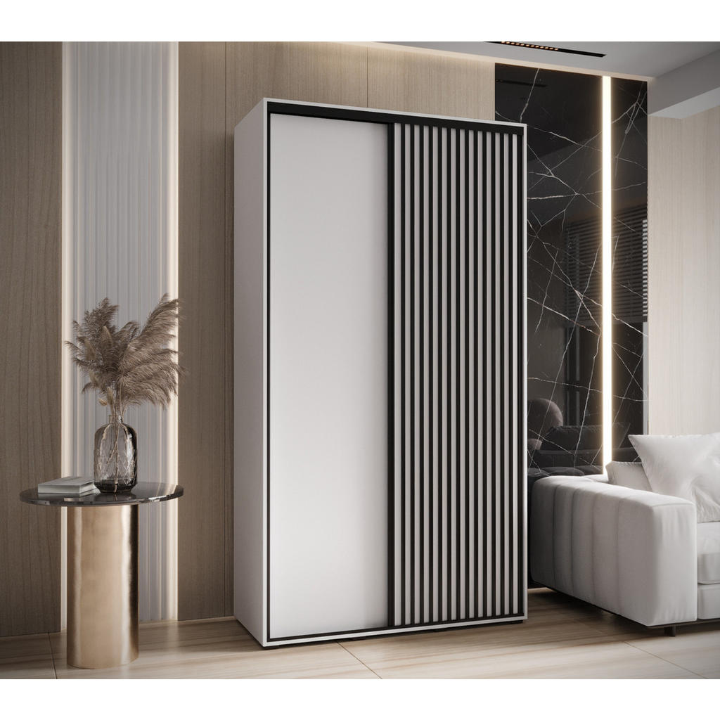Thumbnail - Abiks Möbel Schwebetürenschrank, Weiß, Weiß, Schwarz, Metall, Nachbildung, 6 Fächer, 140x205.2x45 cm, Schlafzimmer, Klei...