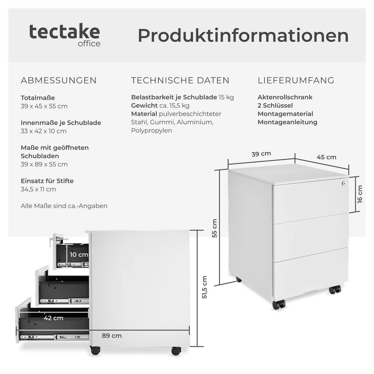 AKTENROLLSCHRANK Magna,39 x 45 x 55 cm,weiß - Weiß, Textil (39/55/45cm) - tectake