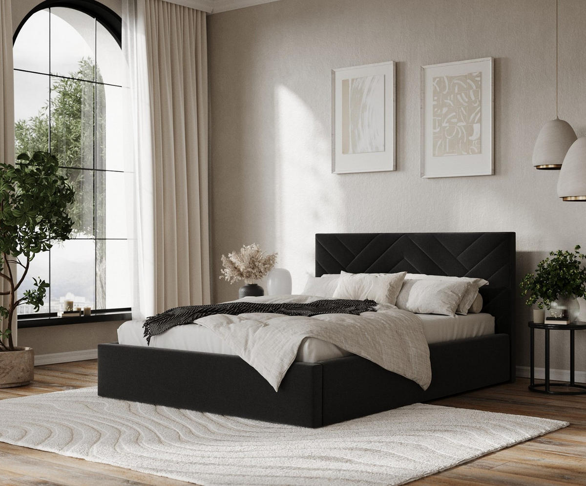 POLSTERBETT Arco 180/200 cm Schwarz im Asti Stoff - Schwarz/Naturfarben, Holz/Holzwerkstoff (180/200cm) - AltaBeds