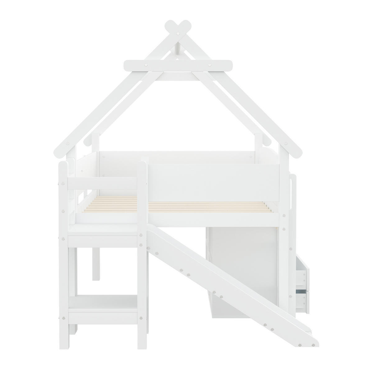 HAUSBETT 90/200 cm Weiß mit Rutsche und Sicherheitsgeländer - Weiß, Holz (90/200cm) - MIVRAY