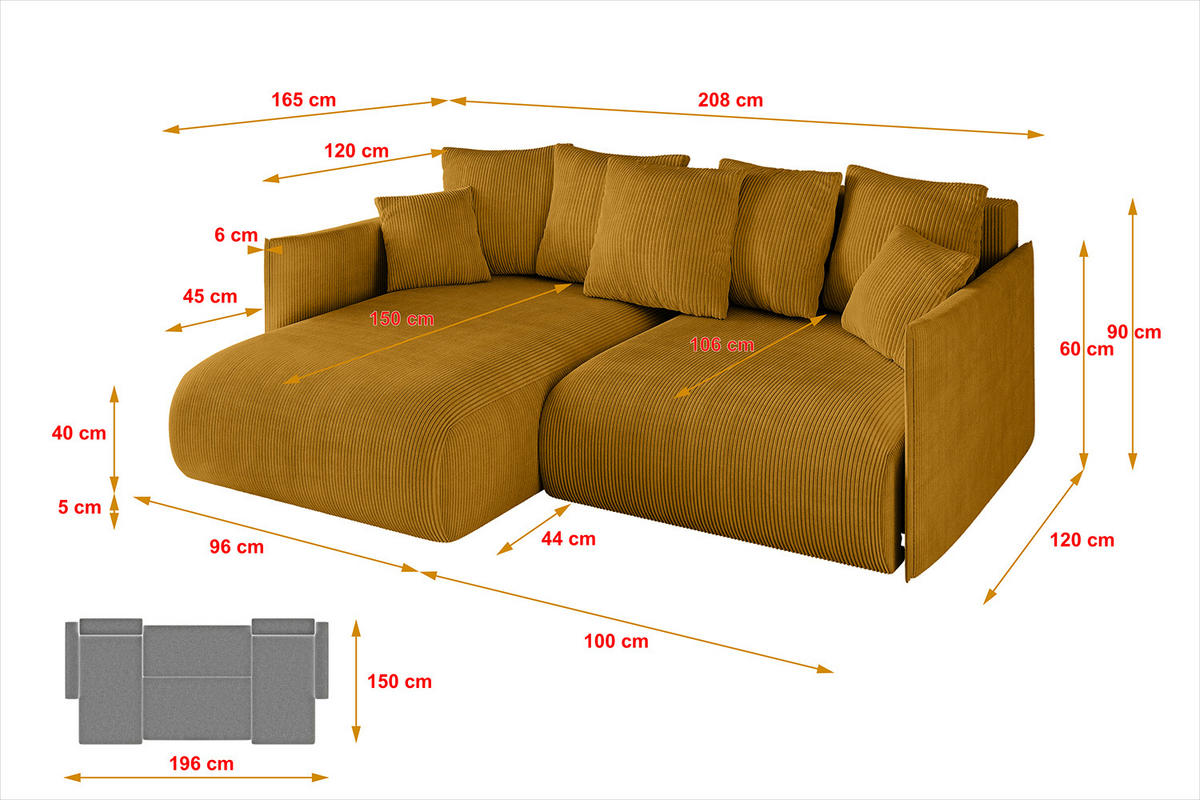 ECKSOFA mit Schlaffunktion und Bettkasten ONESK-L 208x165x40 Senfgelb Cord - Currygelb, Holzwerkstoff/Kunststoff (208/165cm) - ALTDECOR