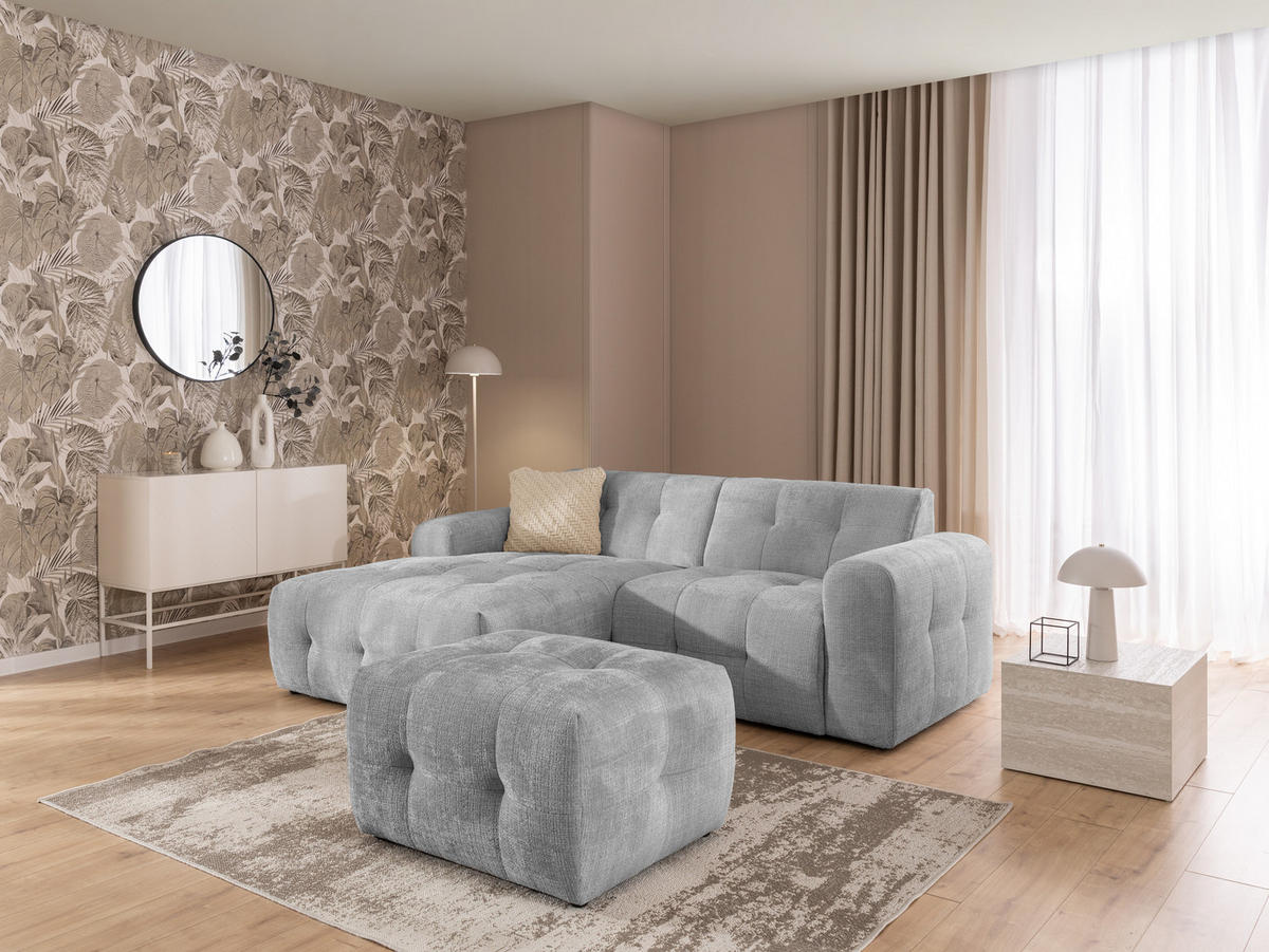ECKSOFA inkl. Hocker Kozy im Bumpy-Design mit Schlaffunktion und fester Rückenlehne aus weichem Hellgrau Chenille-Stoff - Ottomane links - Hellgrau/Schwarz, Holz/Kunststoff (161/234cm) - S-Style Möbel