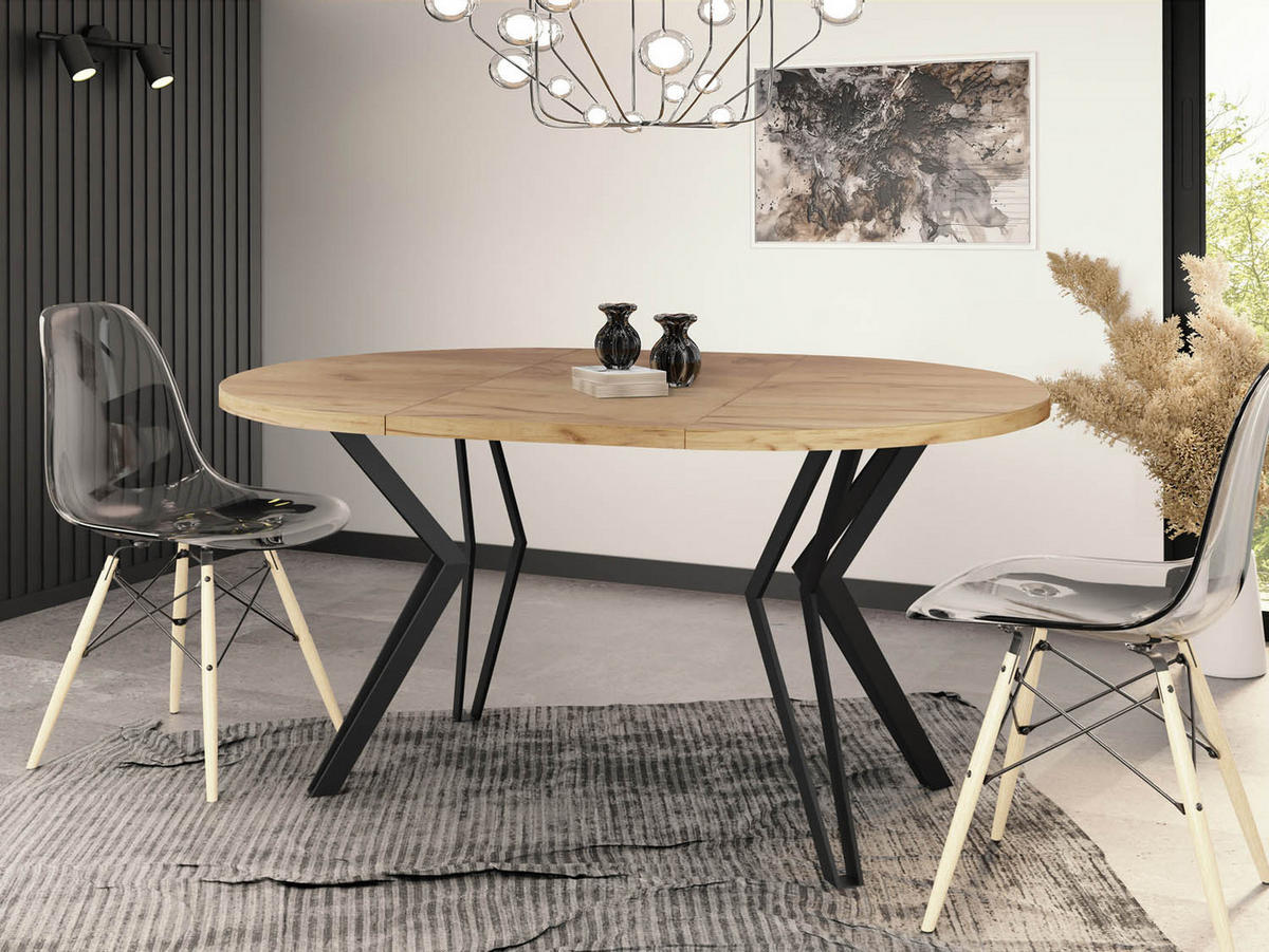 ESSTISCH Revena runder ausziehbarer, Craft Eiche 100-180/100/76 cm - Eiche Wotan/Schwarz, Holzwerkstoff/Metall (100/100/76cm) - WFL GROUP