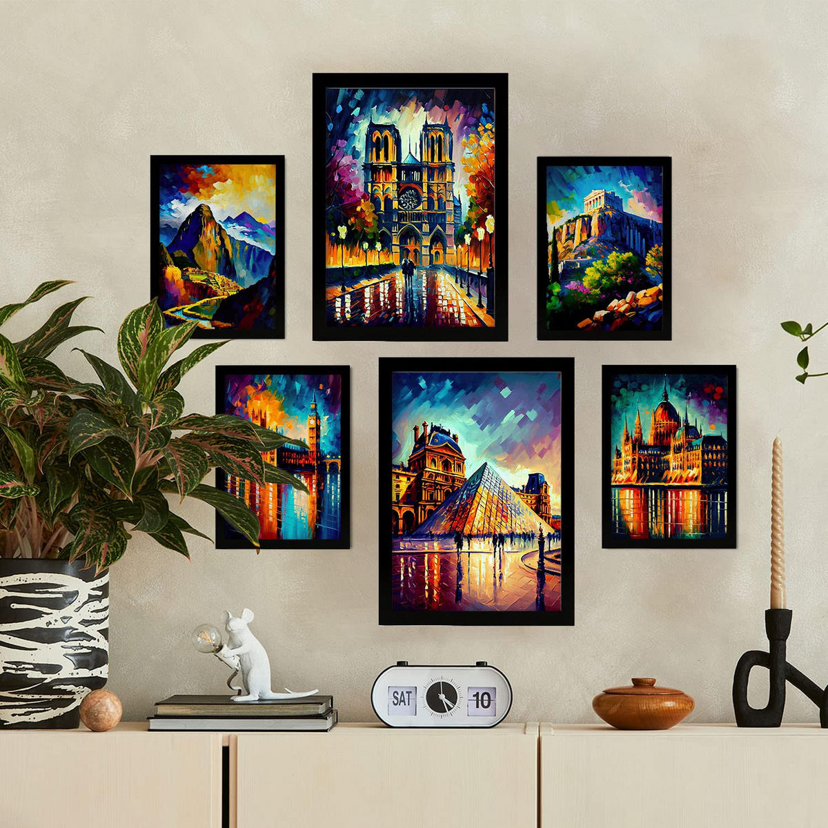 POSTER Set Mit 6 Linear Im Ölgemälde Stil A3 & A4 Schwarzer Rahmen - Schwarz, Papier (29/3cm) - Nacnic