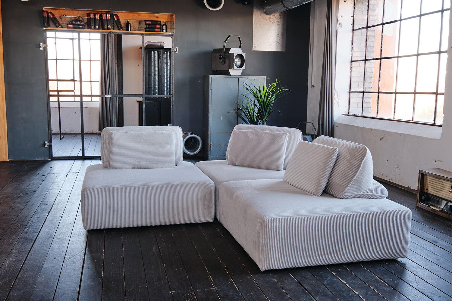 MODULSOFA WIOLO SOFT 3 MODULE 3 KISSEN Hellgrau Cord - Hellgrau/Schwarz, Kunststoff/Textil (333/84/111cm) - KAWOLA