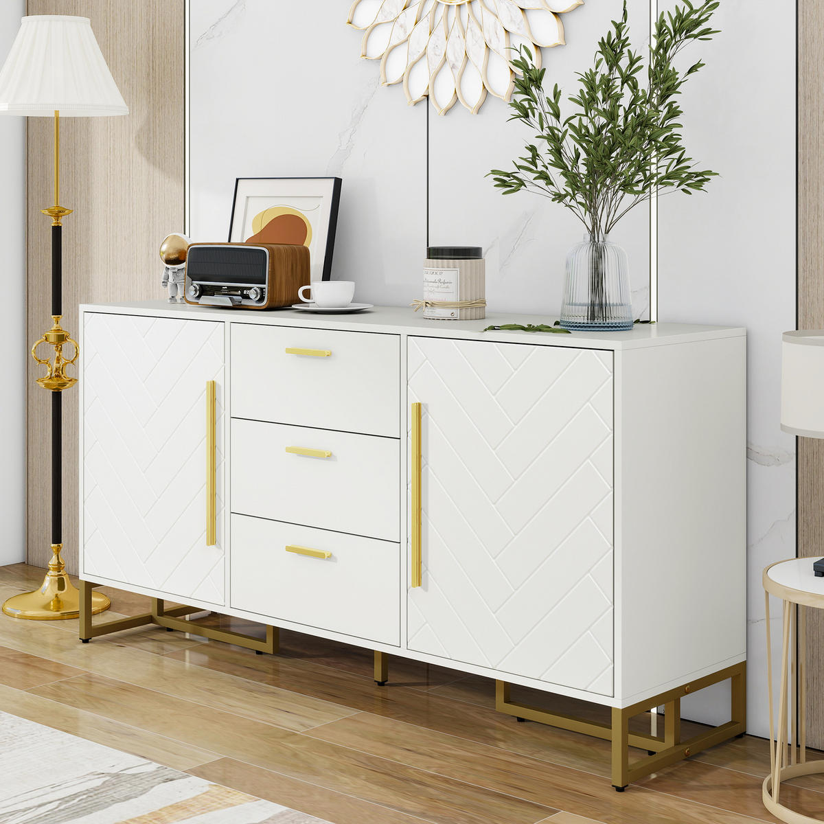 SIDEBOARD 145/40/75 cm weiß aus MDF-Holzwerkstoff mit Fischgrätenmuster und 3 Schubladen - Weiß, Holzwerkstoff (145/75/40cm) - OKWISH