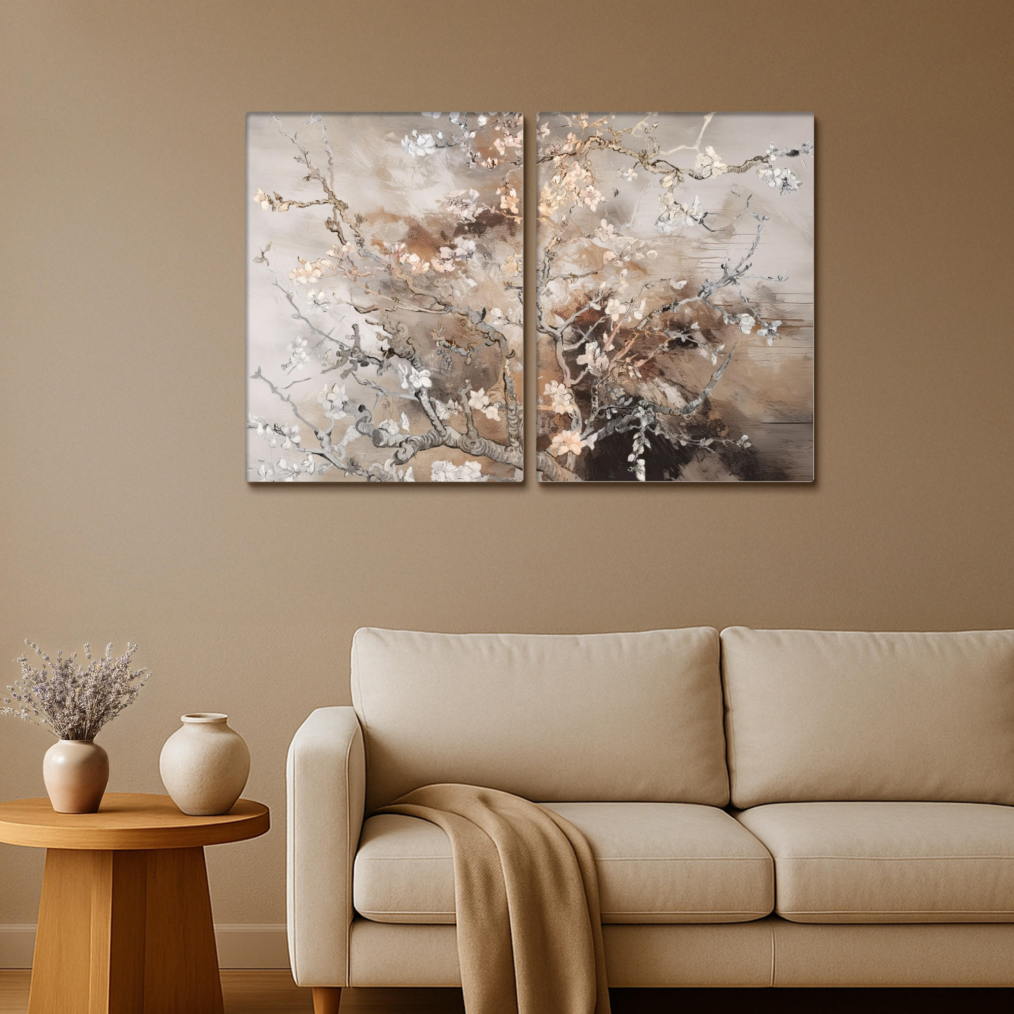 LEINWANDBILD 2er Set Mandelblüte - Abstrakt - Beige 100x70 cm - Beige, Textil (100/70cm) - MuchoWow