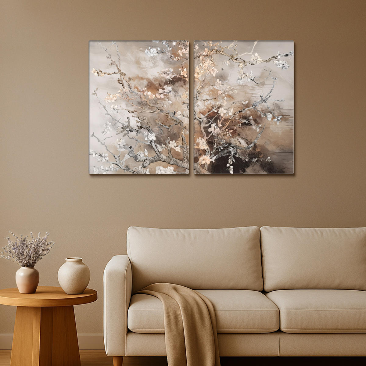 LEINWANDBILD 2er Set Mandelblüte - Abstrakt - Beige 120x80 cm - Beige, Textil (120/80cm) - MuchoWow