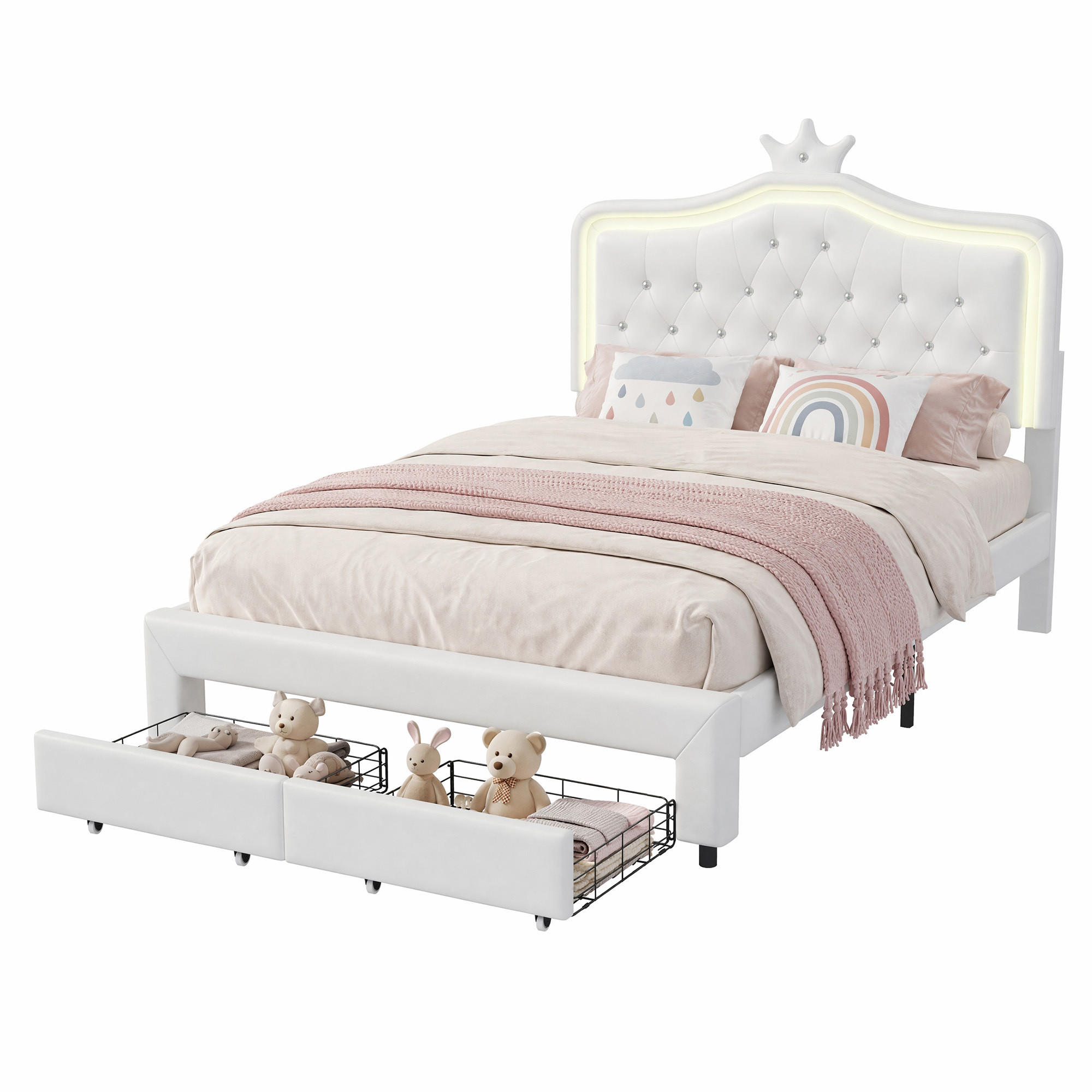 POLSTERBETT 140/200 cm mit LED und Schublade,Kinderbett Kunstleder, Weiß - Weiß, Holz/Metall (140/200cm) - PARAFTA HOME